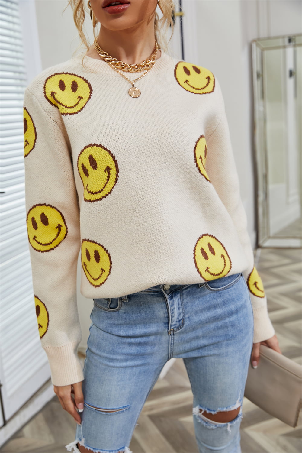 Smiley Face Round Neck Long Sleeve Knit Top - T - 1 COLOR -