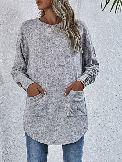 Buttoned Back Round Neck Long Sleeve T-Shirt - T - 1 COLOR -