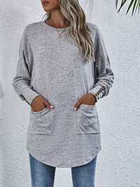 Thumbnail for Buttoned Back Round Neck Long Sleeve T-Shirt - T - 1 COLOR -