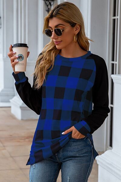 Plaid Round Neck Long Sleeve T-Shirt - T - 5 COLORS -