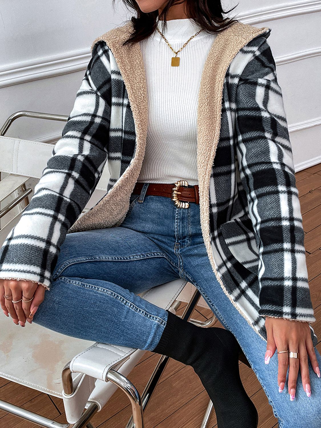 Plaid Hooded Longline JACKET / Coat - T - 1 COLOR -