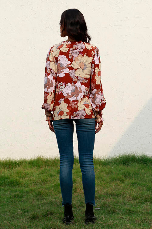 Floral V-Neck Smocked Lantern Sleeve Blouse - T - 1 COLOR -