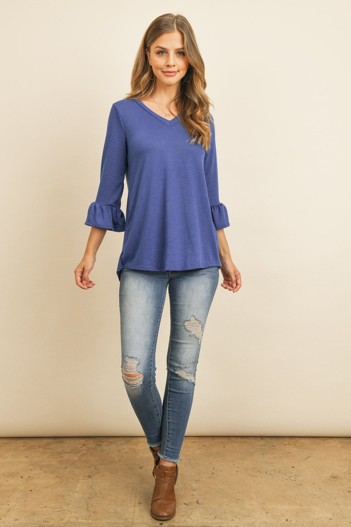 Riah Fashion - Solid Bell Sleeve V-Neck Top - 5 COLORS -