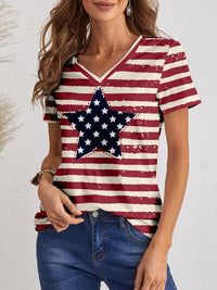 Thumbnail for Striped V-Neck Short Sleeve T-Shirt - T - 1 COLOR -