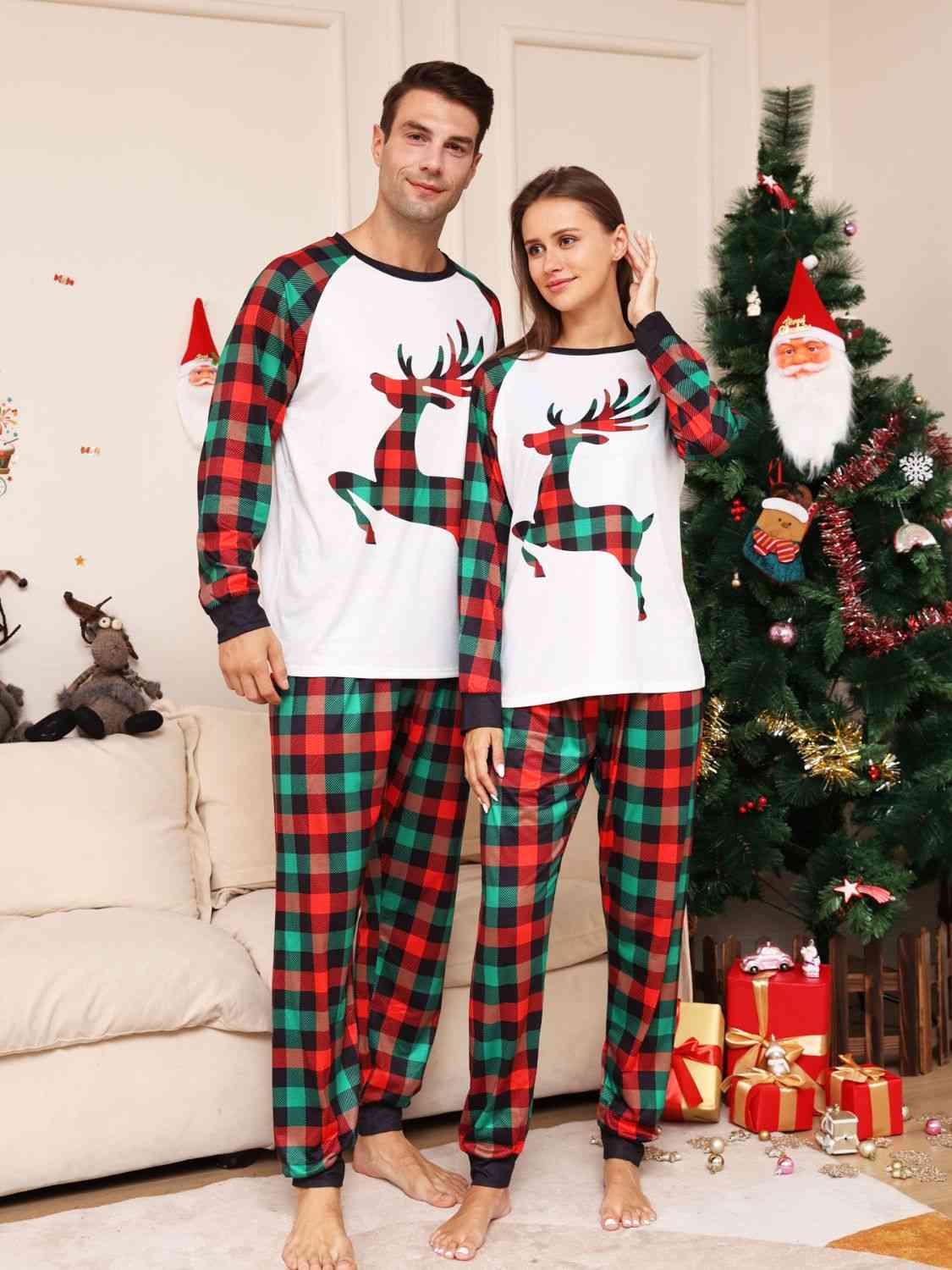 WOMEN Full Size Reindeer Graphic Top and Plaid Pants Set