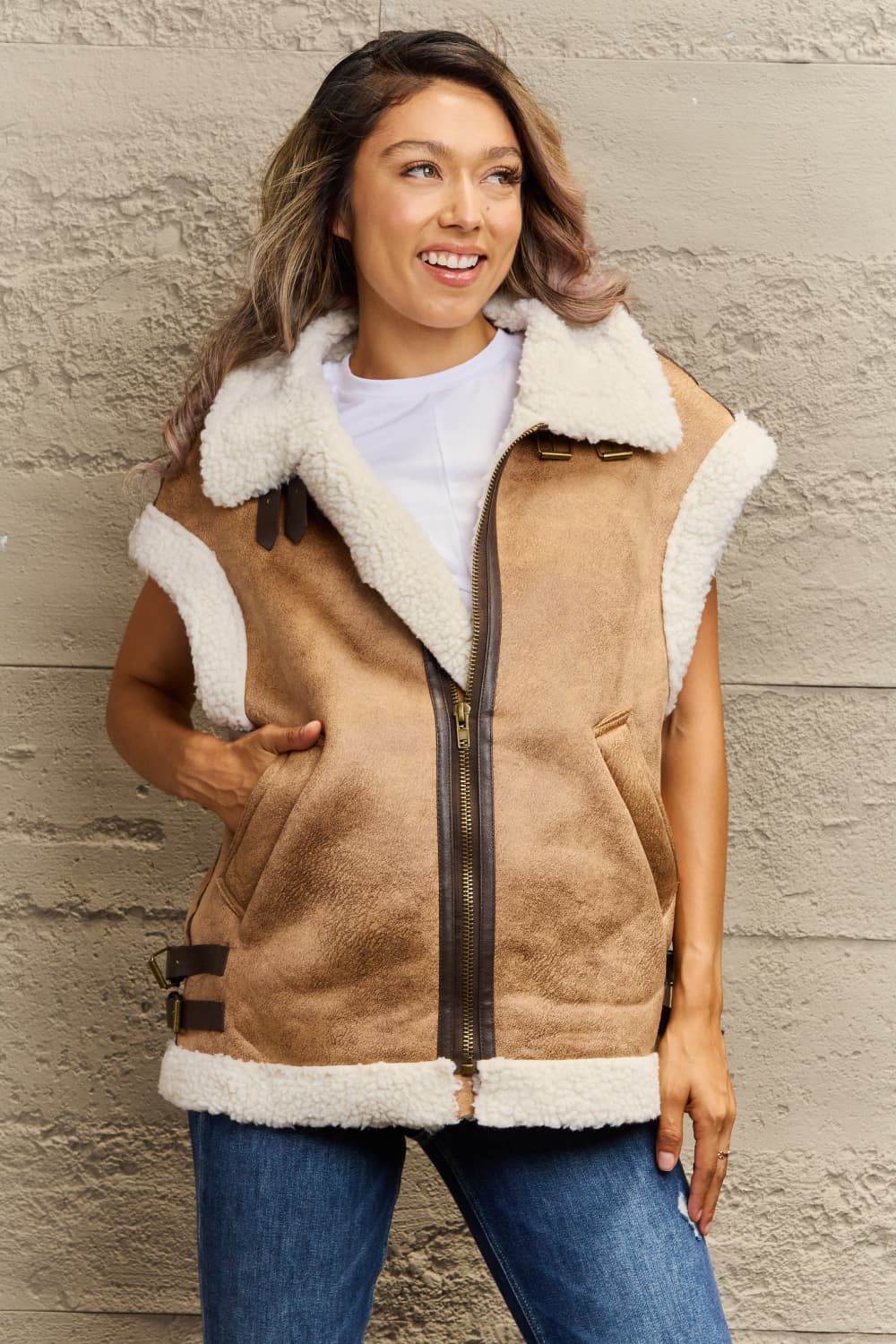 Collared Zip-Up Suede Sherpa Vest - T - 3 COLORS -