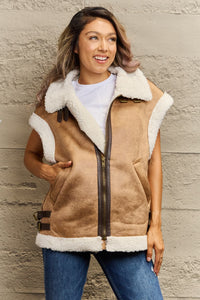 Thumbnail for Collared Zip-Up Suede Sherpa Vest - T - 3 COLORS -