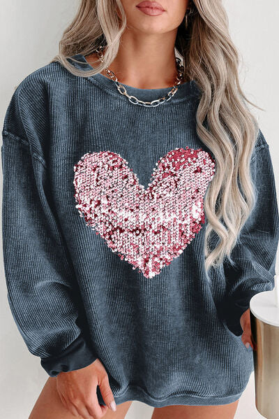 Plus Size Heart Sequin Round Neck Sweatshirt - SIZES 1XL THRU 3XL - T - 3 COLORS -