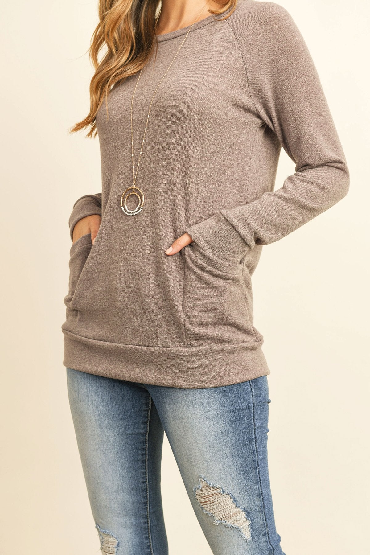 Riah Fashion - Knit Front Pocket Long Sleeved Top - 2 COLORS -