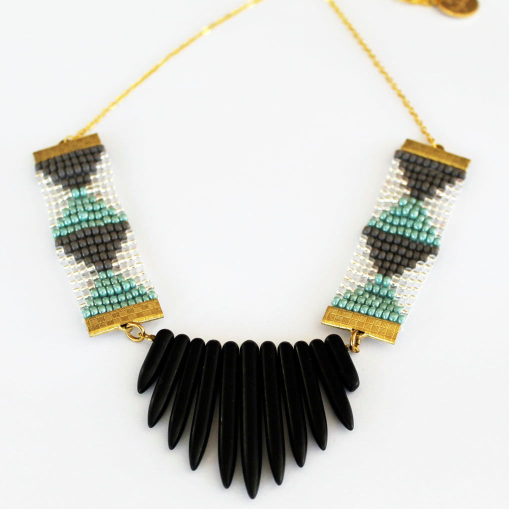 Shh by Sadie - Adorn Spike Necklace - Grey and Green With Black Spikes -