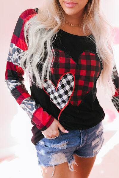 Plaid Leopard Heart Round Neck T-Shirt - T - 1 COLOR -