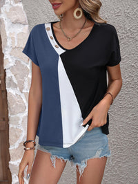 Thumbnail for Color Block Decorative Button V-Neck Tee - T - 3 COLORS -