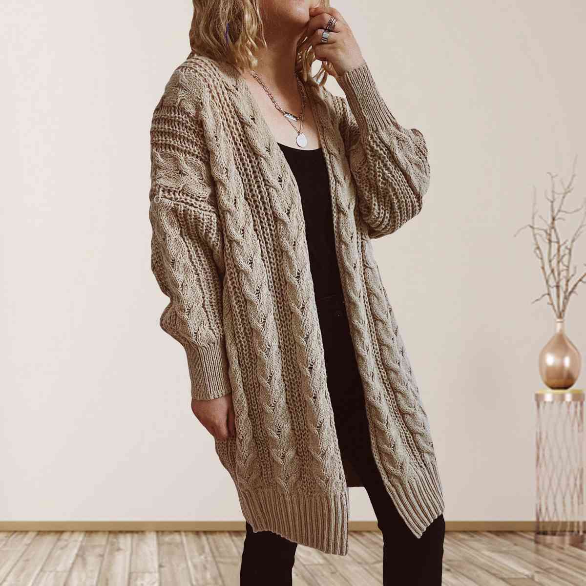 Cable-Knit Open Front Dropped Shoulder Cardigan - T - 6 COLORS -