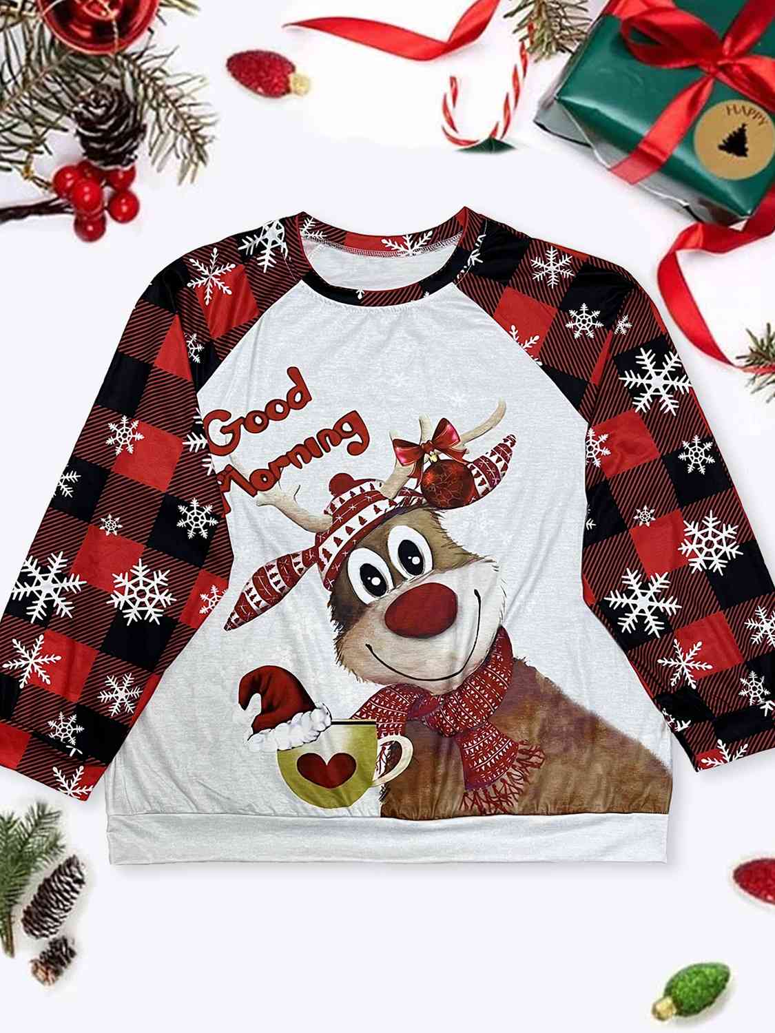 Plus Size Reindeer Graphic Plaid Long Sleeve T-Shirt - T - 1 XL THRU 4XL ONLY -