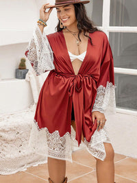 Thumbnail for Plus Size Lace Patchwork Tie Front Robe - XL THRU 3XL - T - 1 COLOR -