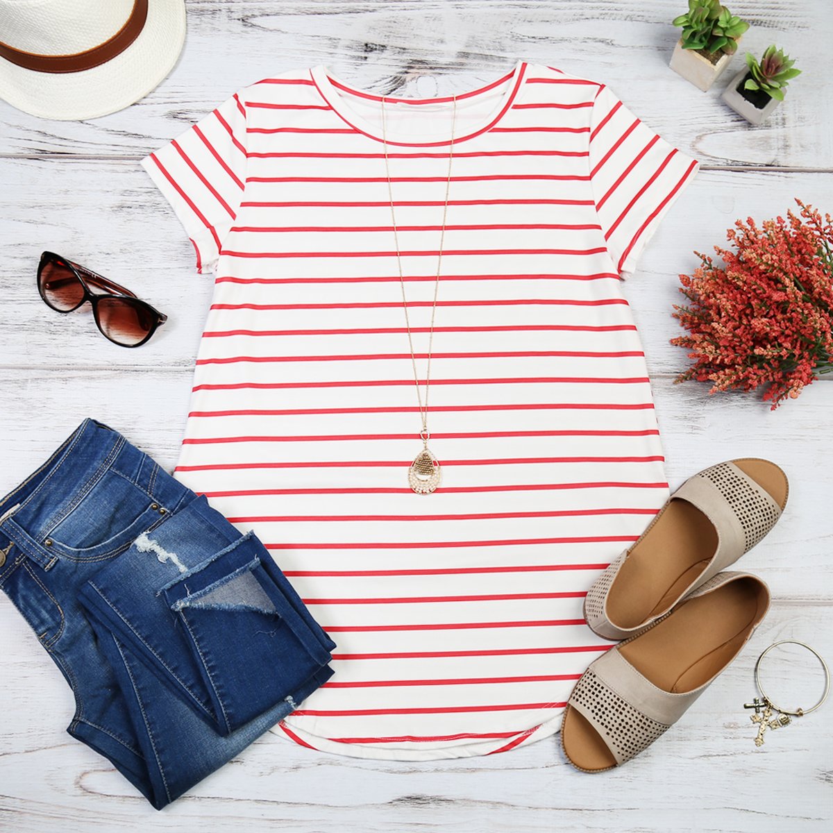 Riah Fasion - Striped Short Sleeve Top - 3 COLORS -