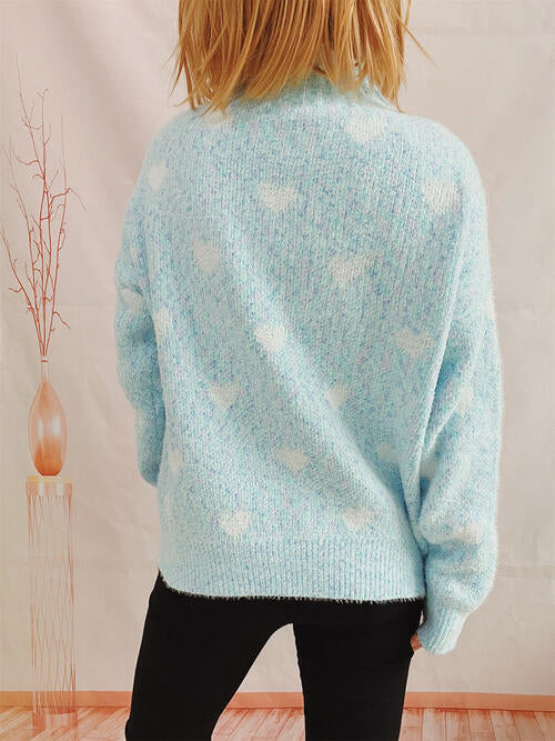 Heart Heathered Turtleneck Drop Shoulder Sweater - 1 OVERSIZE - T - 4 COLORS -