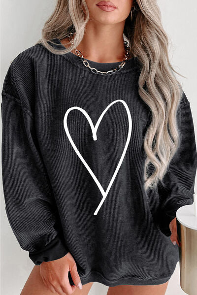 Plus Size Heart Ribbed Round Neck Sweatshirt - SIZES 1XL THRU 3XL - T - 3 COLORS -