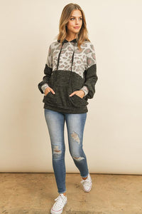 Thumbnail for Riah Fashion - Animal Print Contrast Hoodie With Kangaroo Pockets - 2 COLORS -