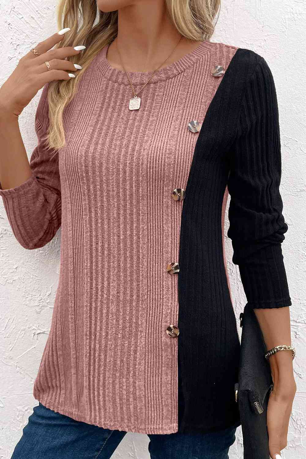 Contrast Long Sleeve Knit Top - T - 6 COLORS -