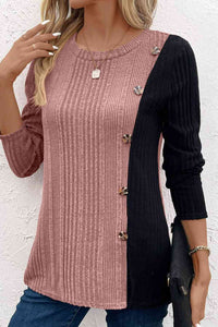 Thumbnail for Contrast Long Sleeve Knit Top - T - 6 COLORS -