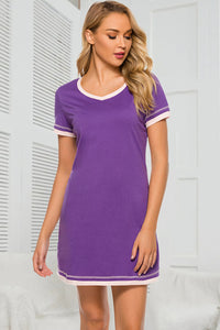 Thumbnail for Contrast Trim Short Sleeve Lounge Dress - T - 11 COLORS -