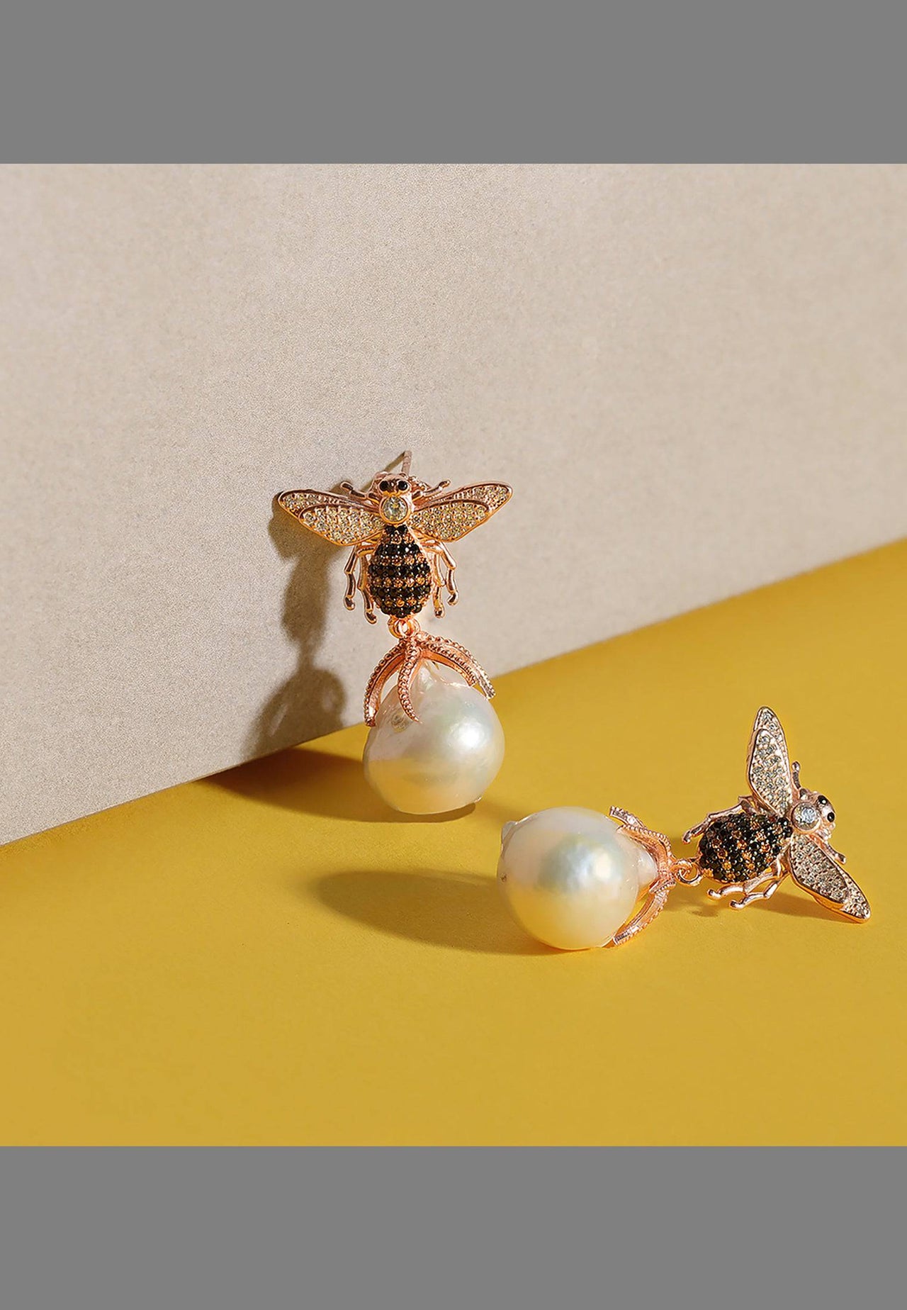 LATELITA - Baroque Pearl Honey Bee Drop Earrings Gold -