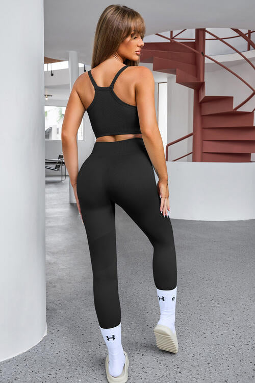 Tank Cropped Active Top and Pants Set - 3 PCS. - T - 5 COLORS -