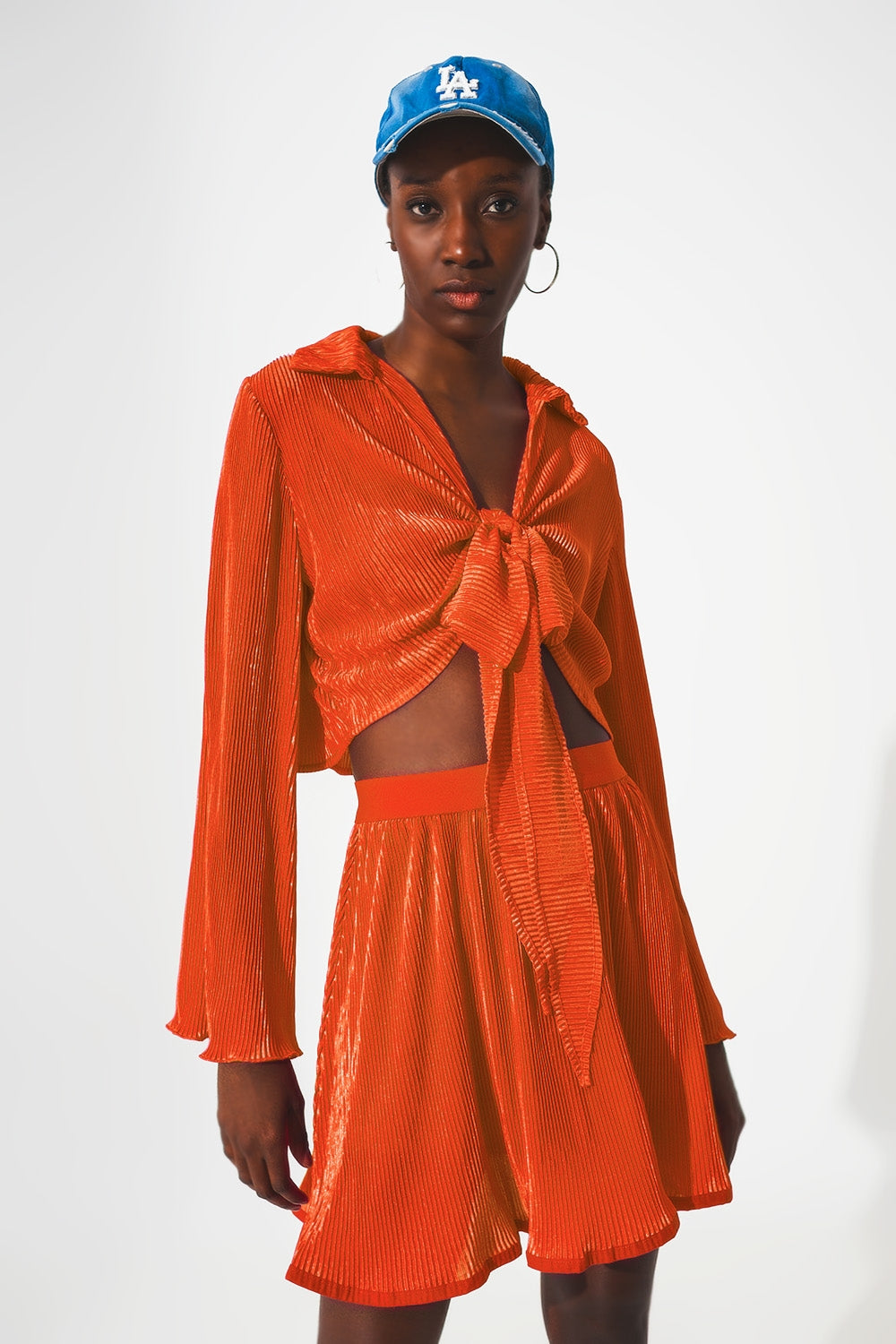 Q2 - Tie Front Pleated Crop Top  in Orange - 1 COLOR -