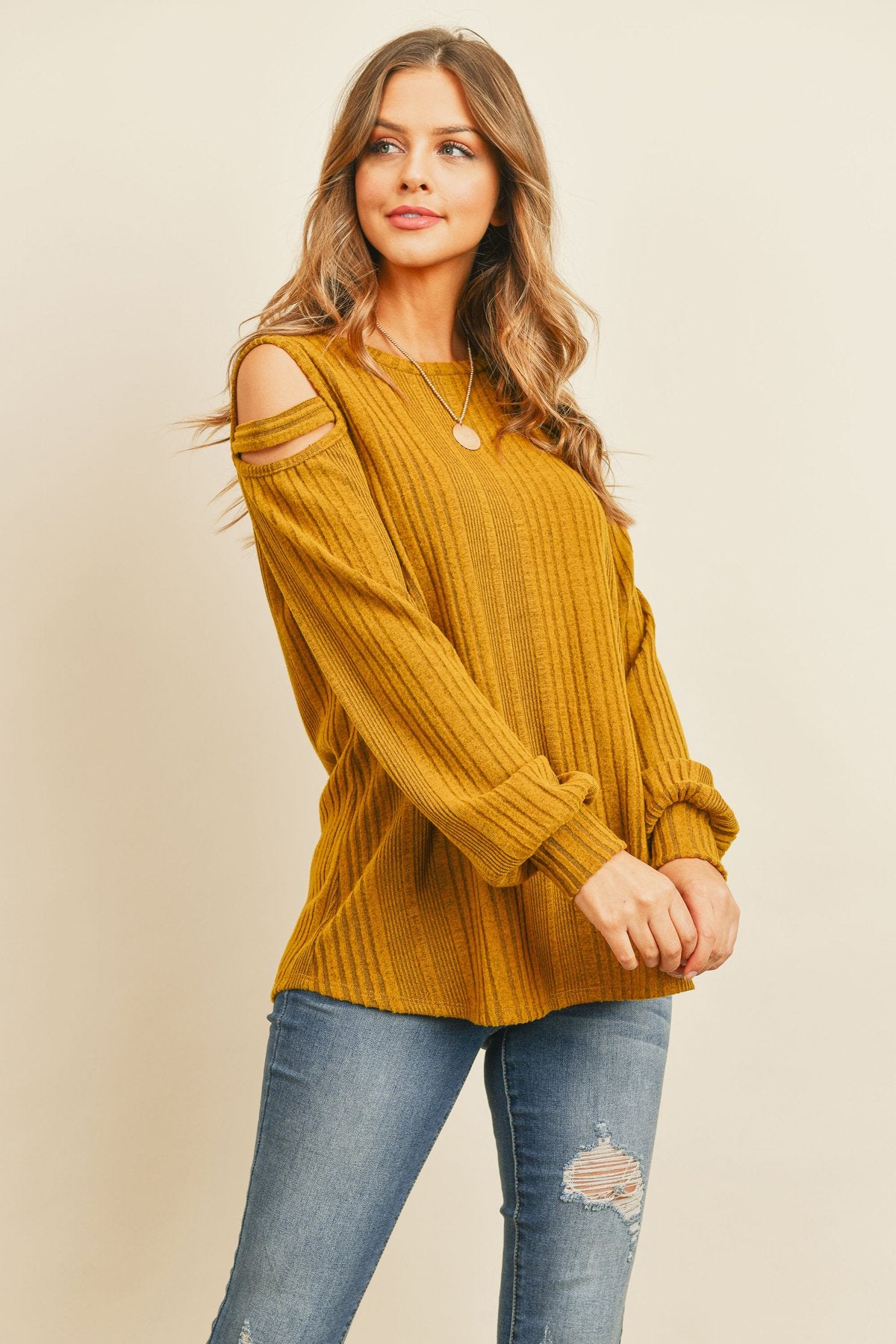 Riah Fashion - Ladder Open Shoulder Long Sleeved Rib Detail Top - 4 COLORS -