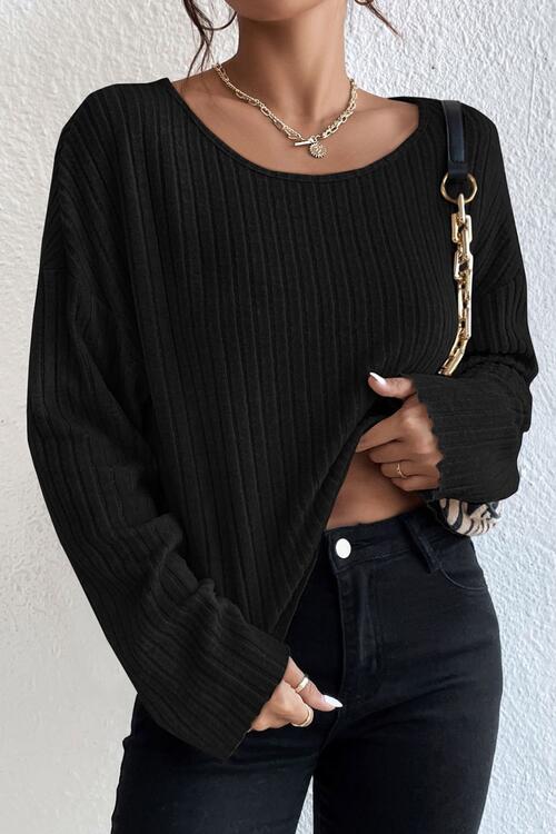 Ribbed Round Neck Drop Shoulder Long Sleeve Top - T - 2 COLORS -