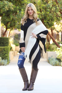 Thumbnail for Riah Fashion - Beige Color Block Fringe Poncho - 1 COLOR -