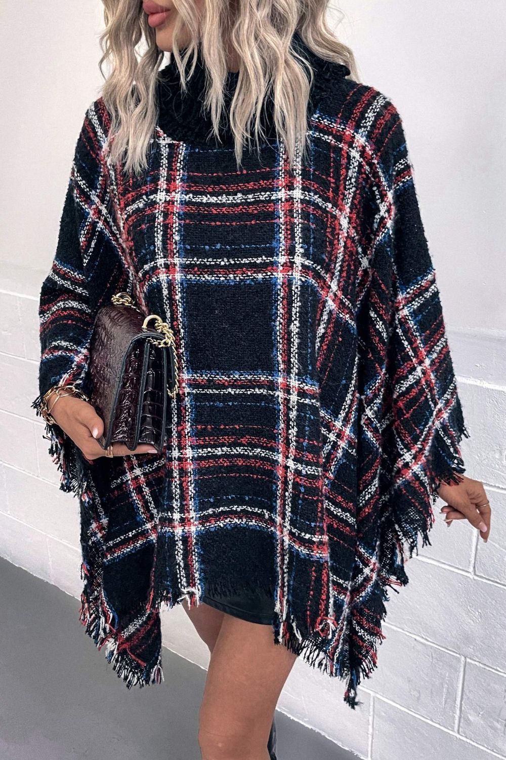 Plaid Turtleneck Fringe Hem Poncho - T - 6 COLORS -