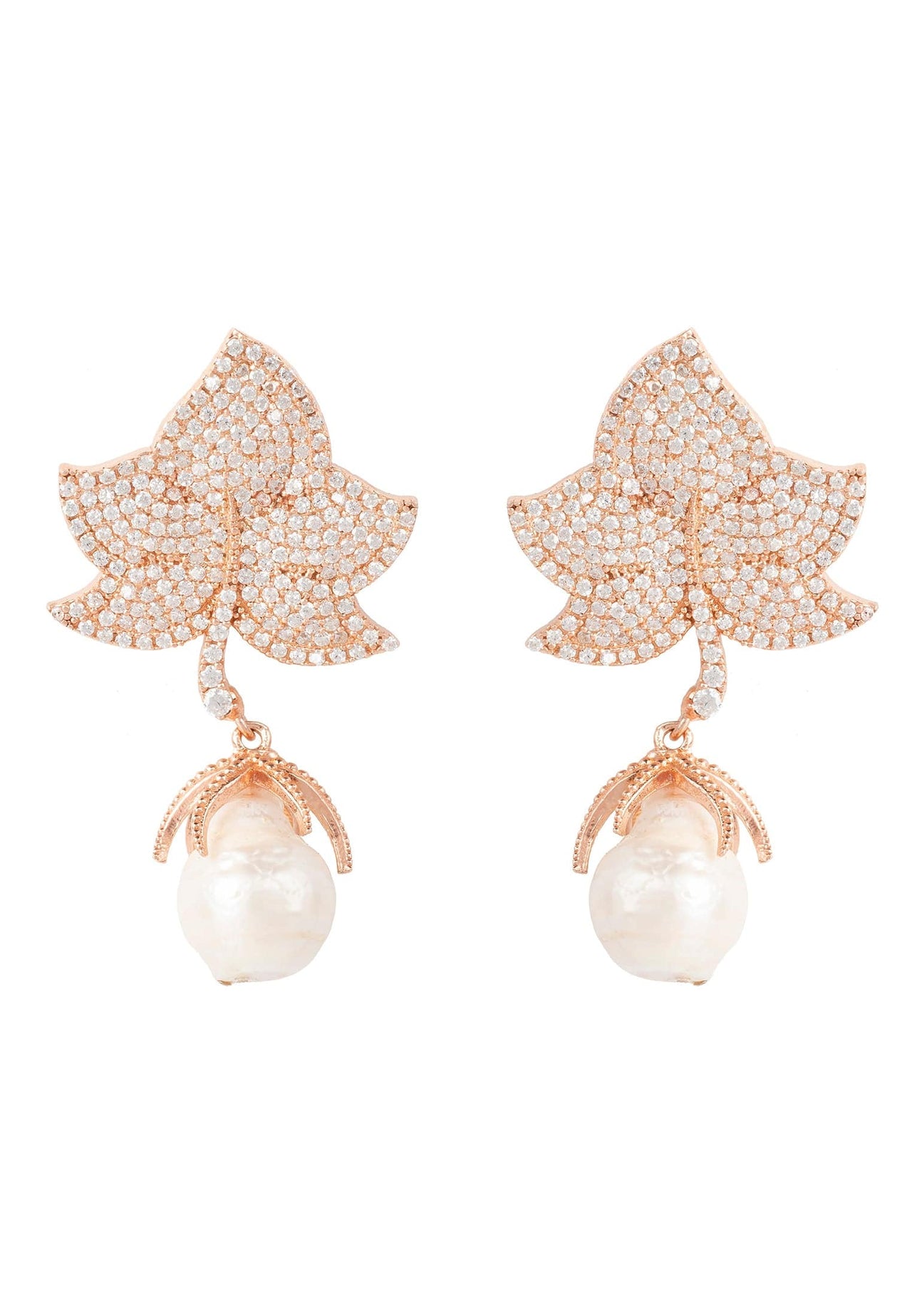 LATELITA - Baroque Pearl Leaf Earrings White Cz Rose Gold -