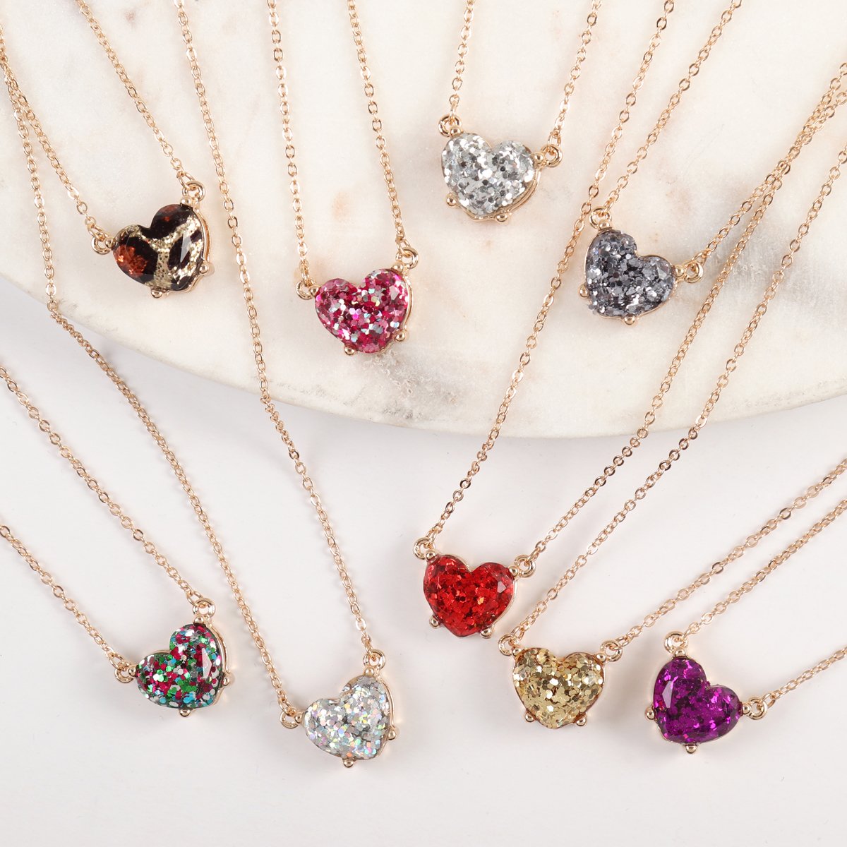 Heart Glitter Epoxy Necklace - 9 COLORS -