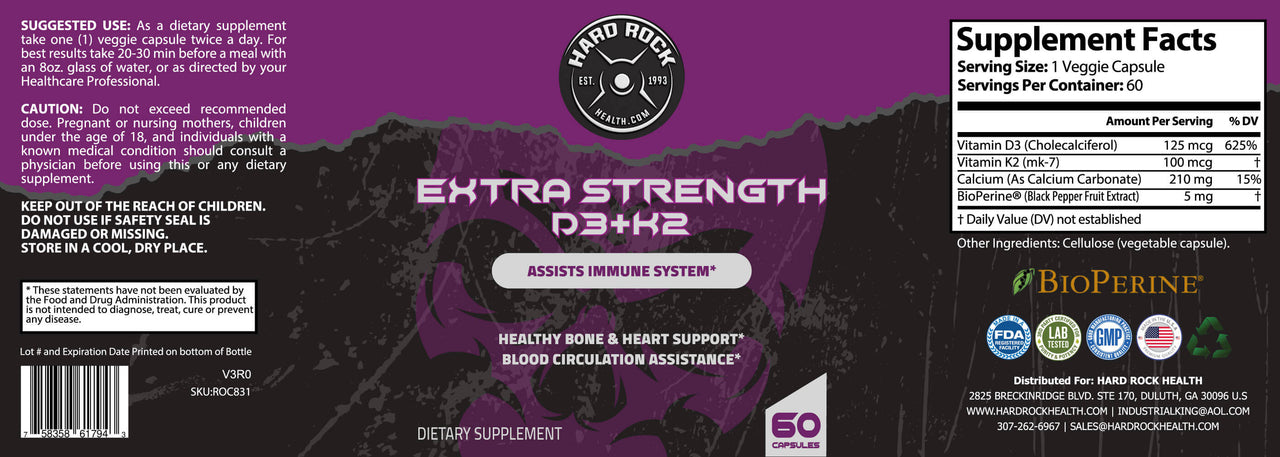 Vitamin D3 + K2 for Extra Strength - 60 Capsules