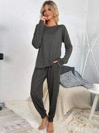 Thumbnail for Round Neck Top and Drawstring Pants Lounge Set - 2 PCS. - T - 4 COLORS -