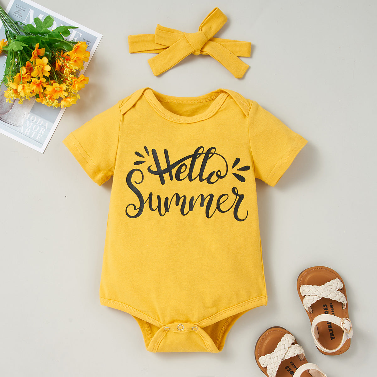 HELLO SUMMER Bodysuit and Sunflower Print Pants Set with Headband - 3 PCS - T - 1 COLOR COMBO -