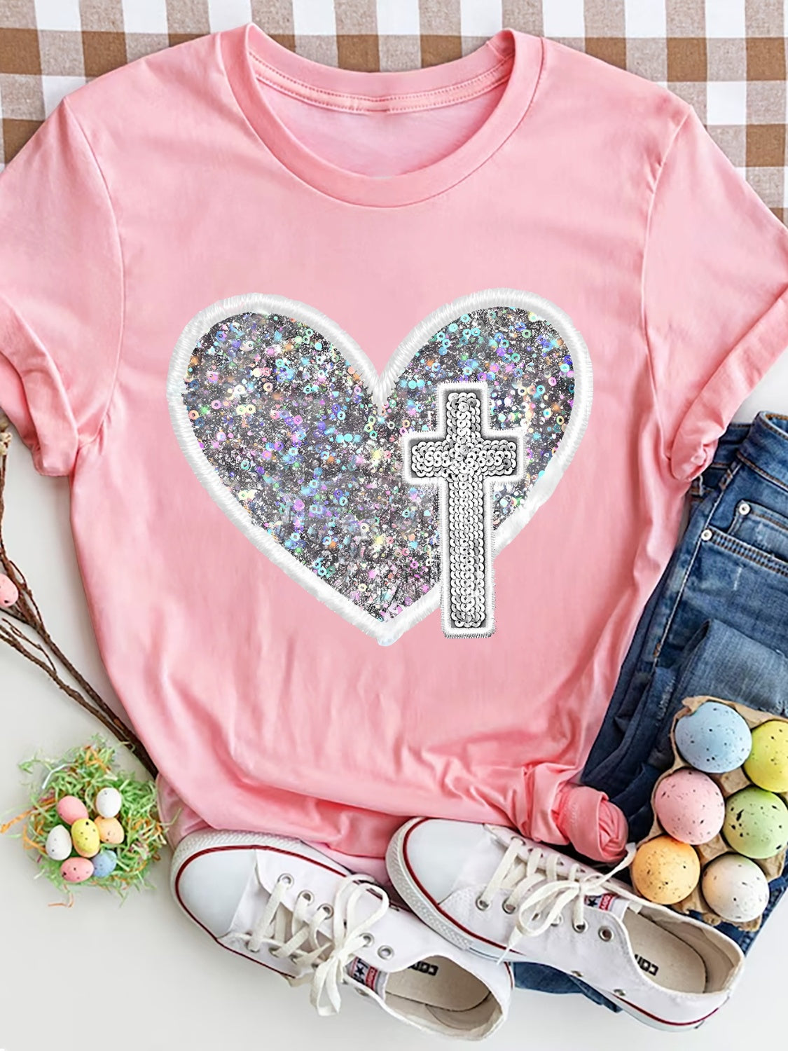 Sequin Heart Round Neck Short Sleeve T-Shirt - T - 7 COLORS -