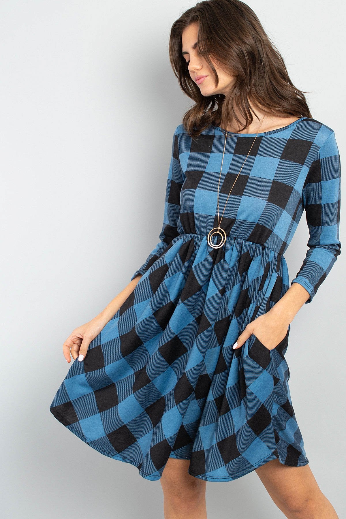 Riah Fashion - Cinch Waist Quarter Sleeves Plaid Dress - 3 COLORS -