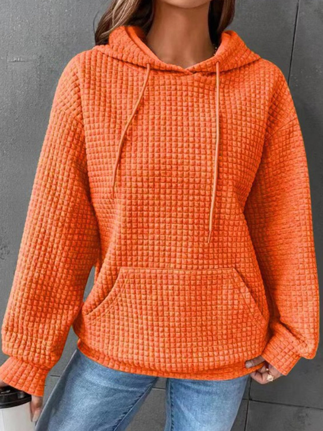 Textured Drawstring Drop Shoulder Hoodie - T - 10 COLORS -