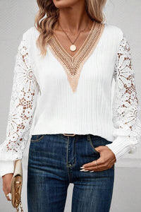 Thumbnail for Lace Detail V-Neck Long Sleeve Blouse - T - 1 COLOR -