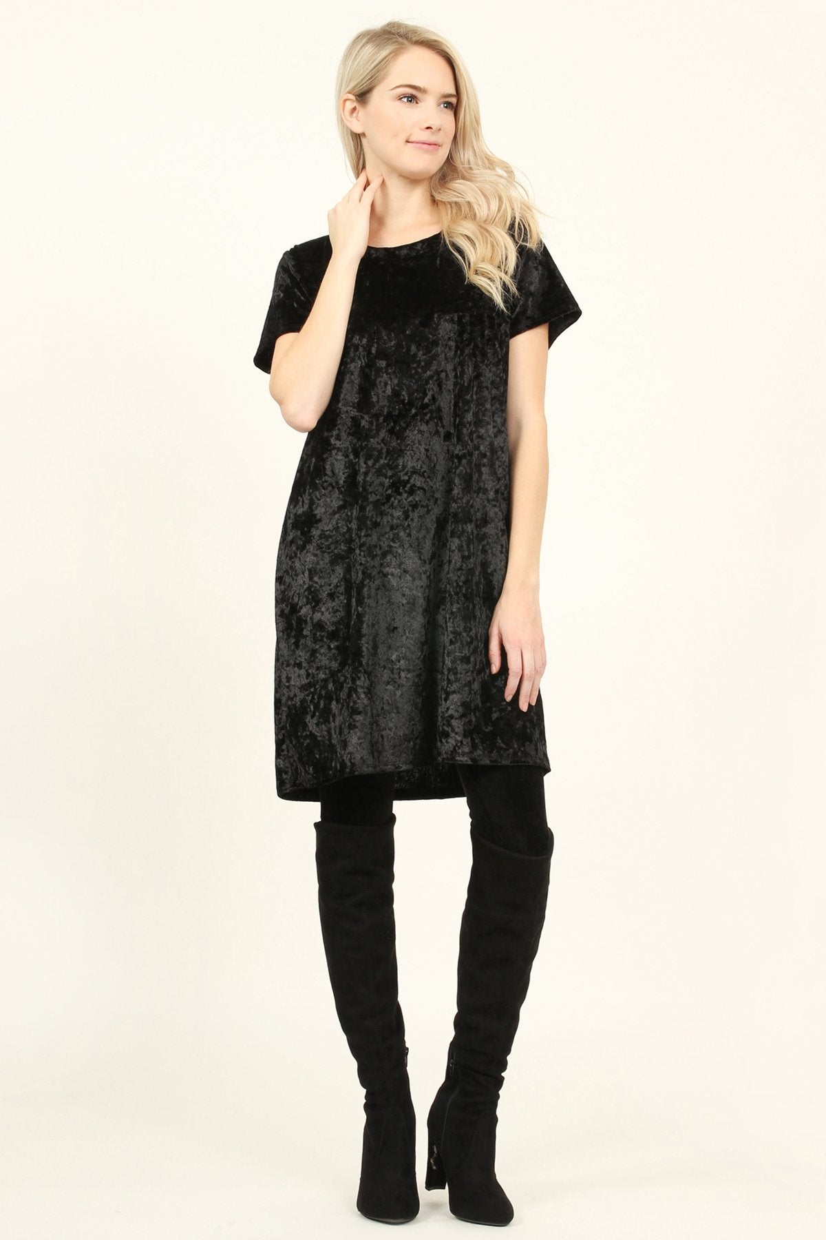 Riah Fashion - Short Sleeve Crushed Velvet Tunic Dress - 11 COLORS -