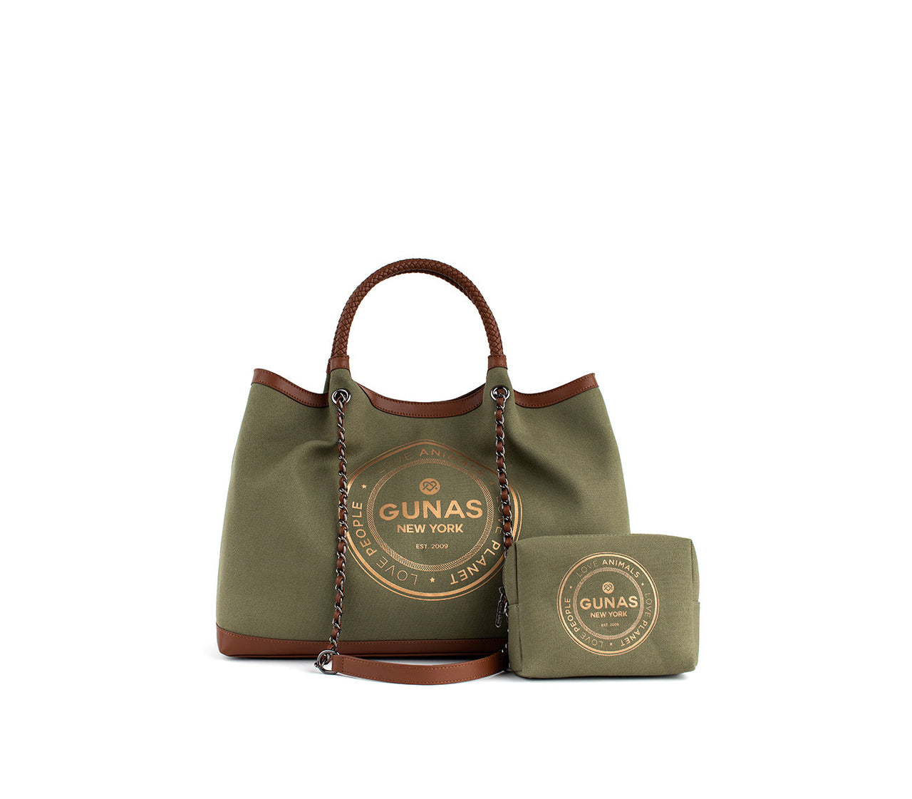 GUNAS NEW YORK - RUTH - Green Vegan Canvas Tote / comes with make-up bag & dust pouch - 1 COLOR -