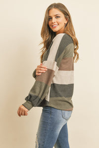 Thumbnail for Riah Fashion - Rib Multicolor Stripes V-Neck Puff Sleeves Top - 3 COLORS -