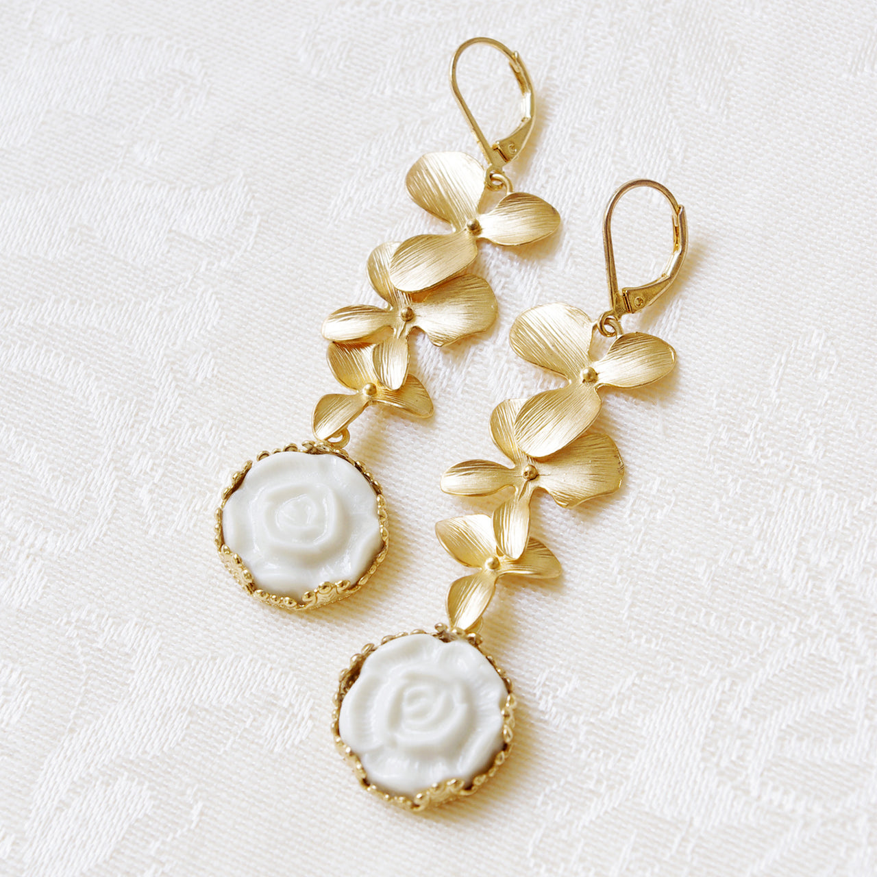 Porcelain Moonlight Rose and Triple Leaves Drop Earrings -