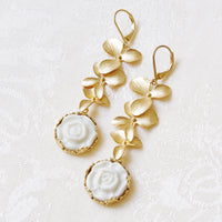 Thumbnail for Porcelain Moonlight Rose and Triple Leaves Drop Earrings -