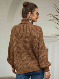 Thumbnail for Turtleneck Cable-Knit Dropped Shoulder Sweater - T - 5 COLORS -