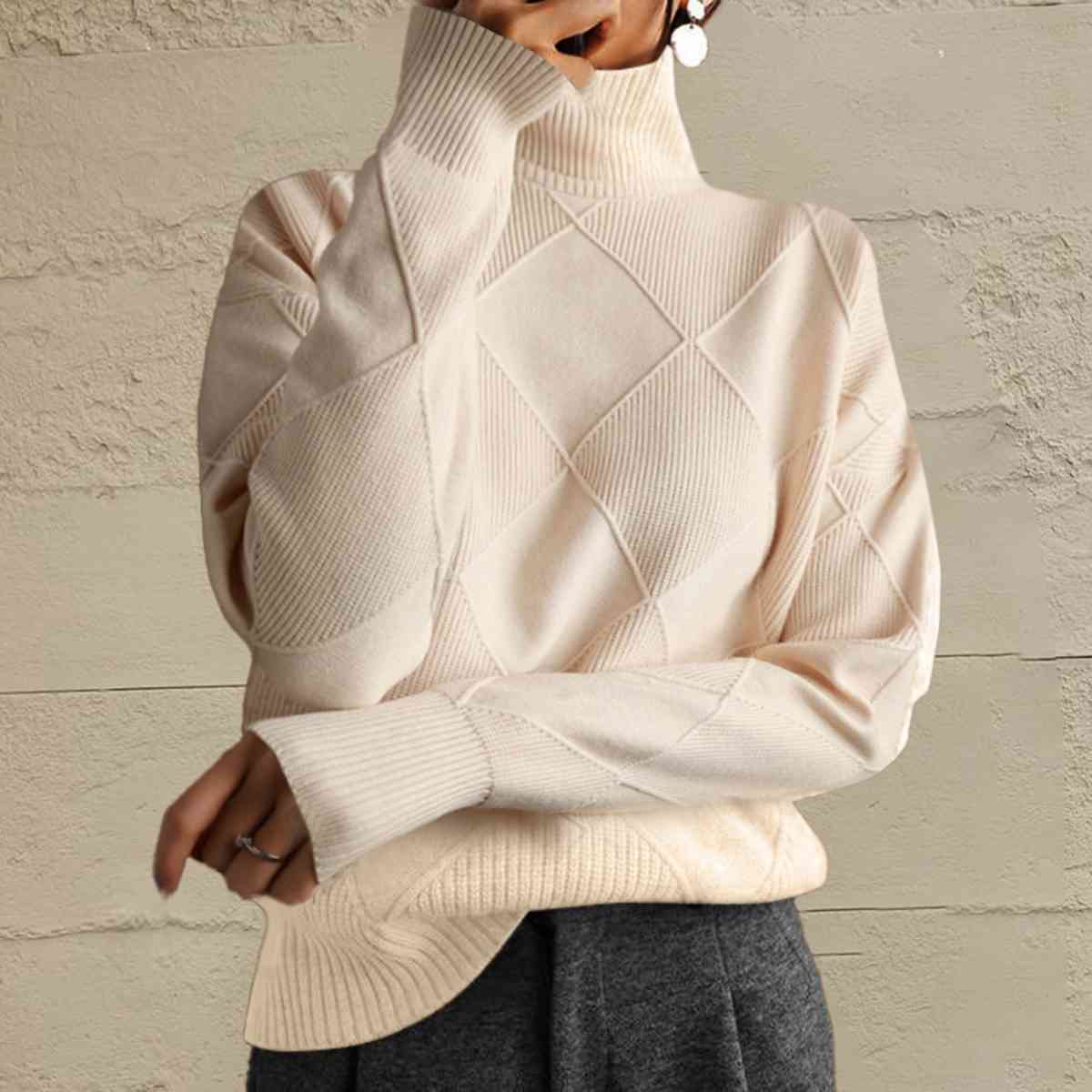 Geometric Turtleneck Long Sleeve Sweater - T - 8 COLORS -