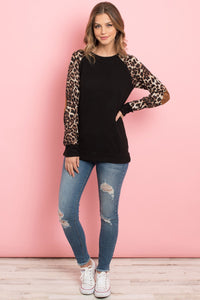 Thumbnail for Riah Fashion - Leopard Sleeve Elbow Patch Sweater - 1 COLOR -